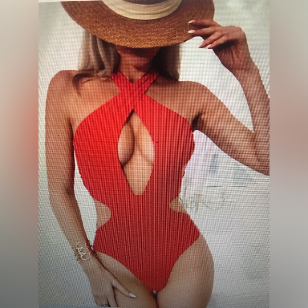 Red One Piece Monokini Swimsuit Bathing Suit Sz M